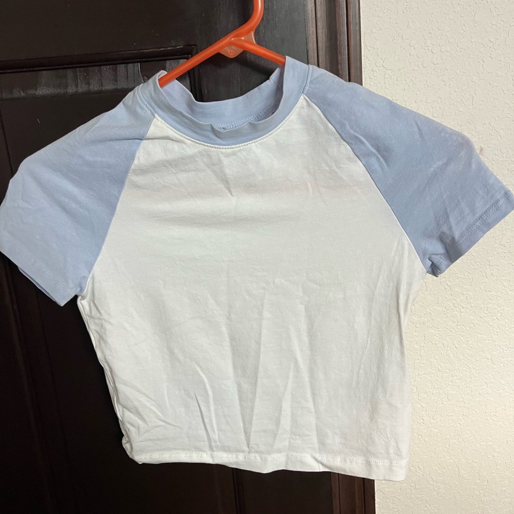 H&M Light Blue and White Raglan Tee